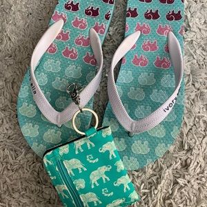 Ivory Ella flip flops and wallet